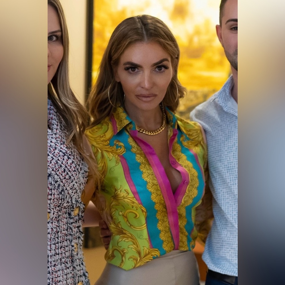 VERSACE BAROQUE SZ 36 HERITAGE SILK MEDUSA CITRON PINK BUTTON UP BLOUSE LIMITED